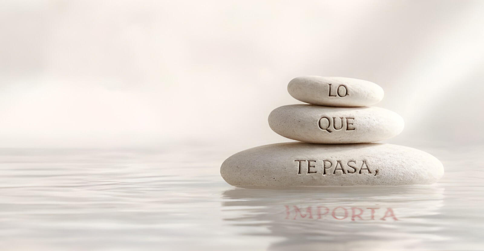 Tres piedras apiladas en equilibrio sobre agua, que tienen grabadas las palabras “lo que te pasa..." y en su reflejo se lee "importa”.